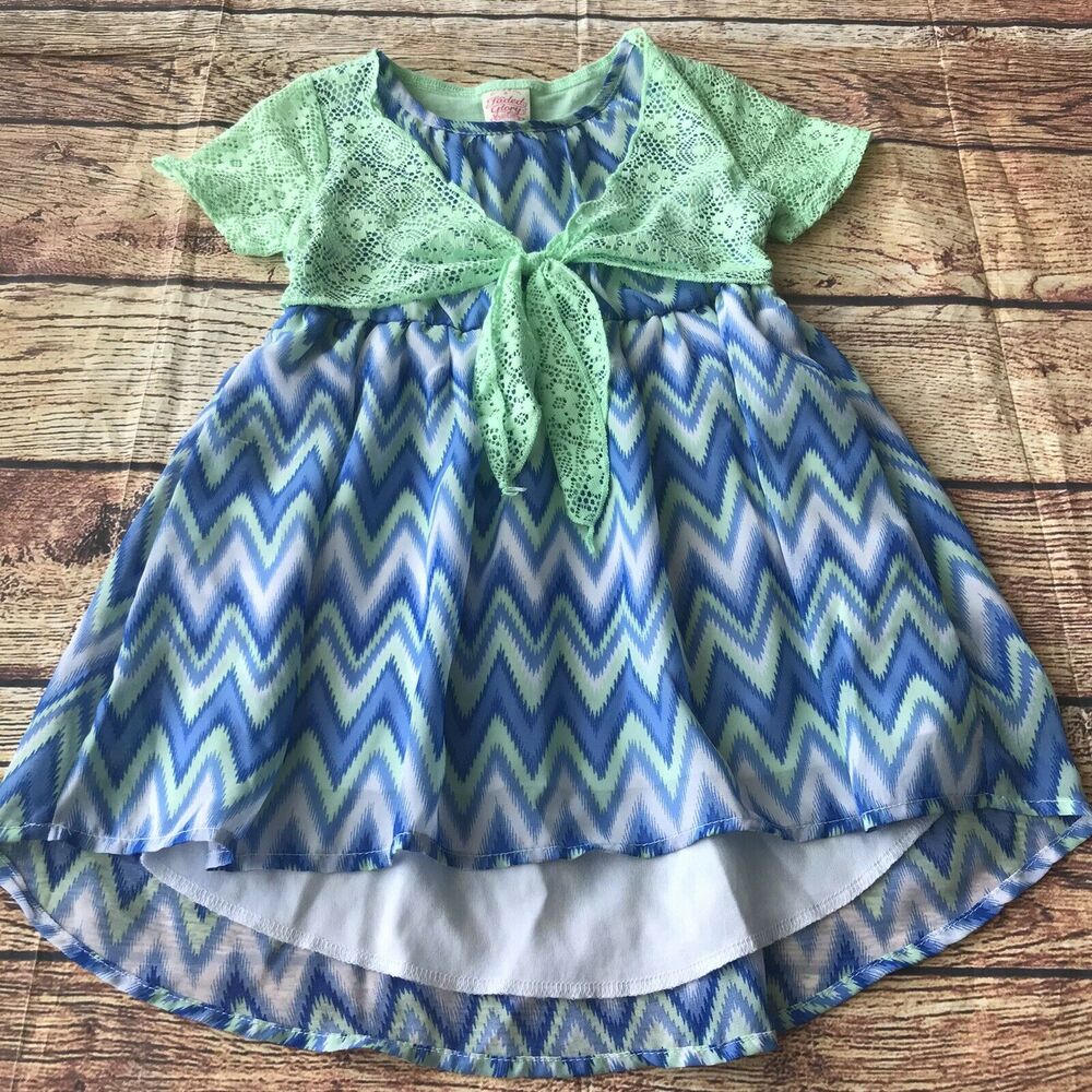 Faded Glory Girls' Green Blue Chevron Print Faux Sweater Dress Youth Size XS 4/5
